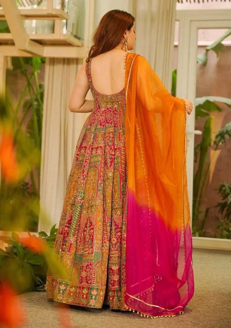 Peach Printed Organza Anarkali With Dupatta - Indya