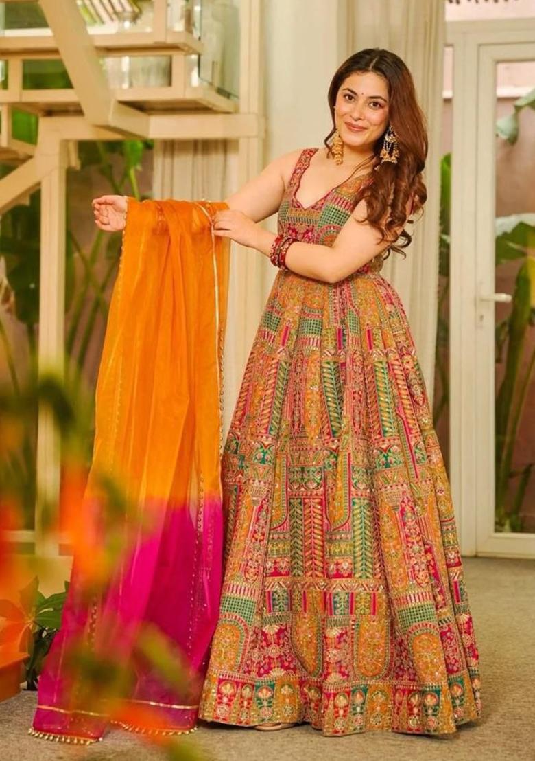 Peach Printed Organza Anarkali With Dupatta - Indya