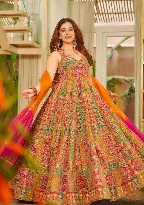 Peach Printed Organza Anarkali With Dupatta