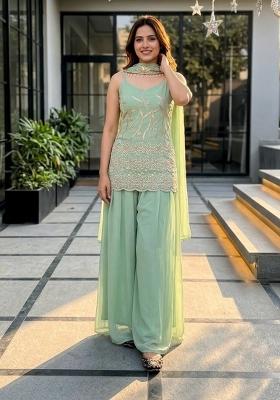 Sky Green Embroidery Georgette Kurta Set