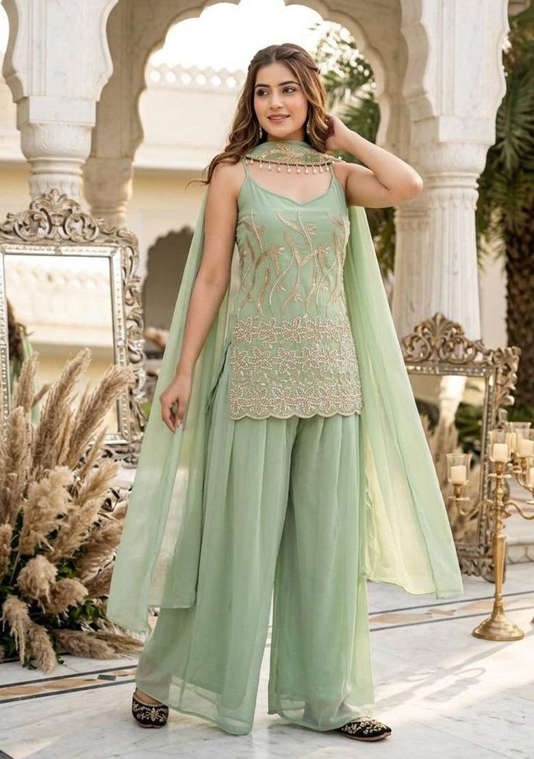 Sky Green Embroidery Georgette Kurta Set - Indya