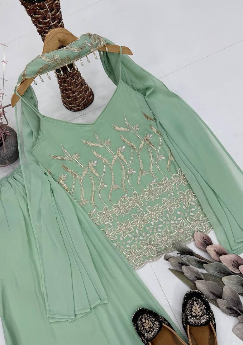 Sky Green Embroidery Georgette Kurta Set - Indya