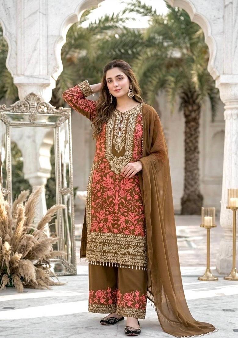 Coffee Embroidery Georgette Kurta Set - Indya
