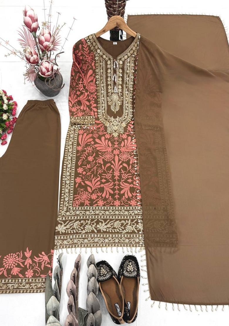 Coffee Embroidery Georgette Kurta Set - Indya