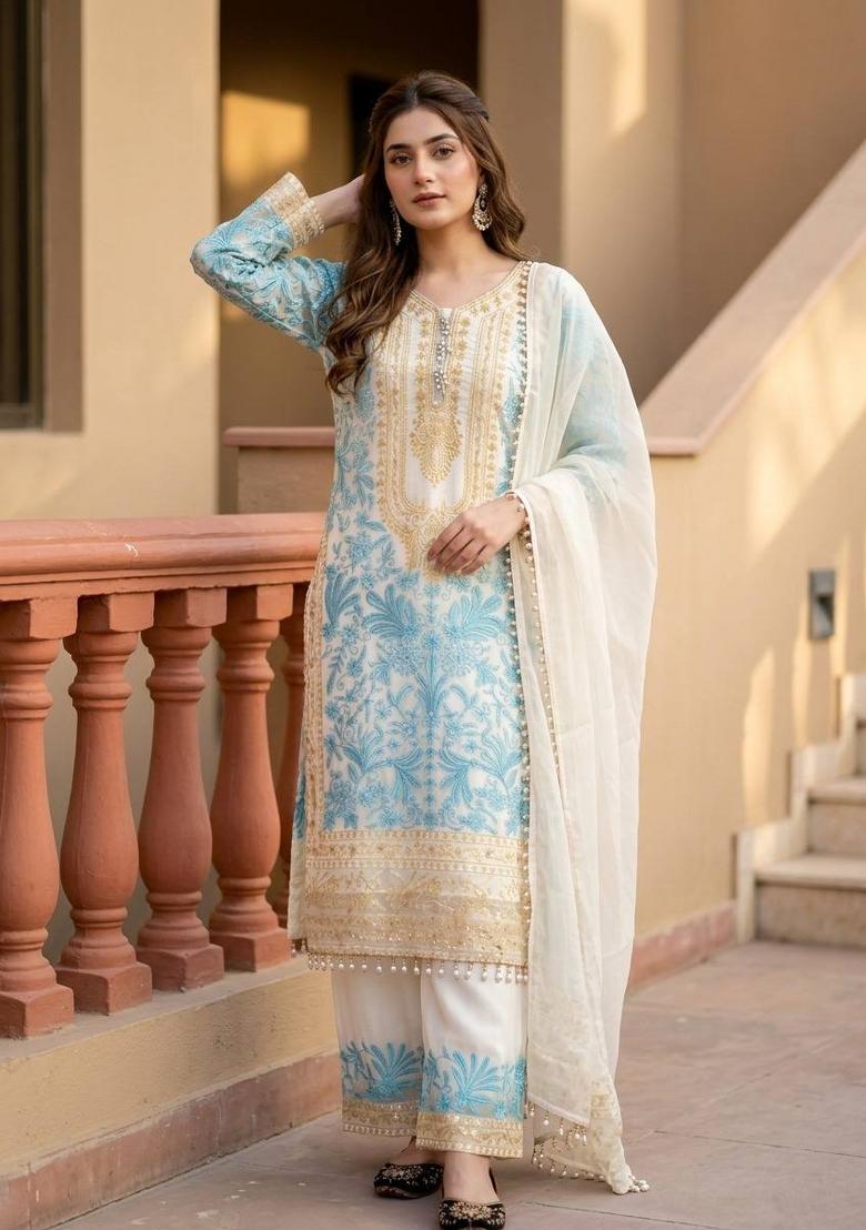 Sky Blue Embroidery Georgette Kurta Set - Indya