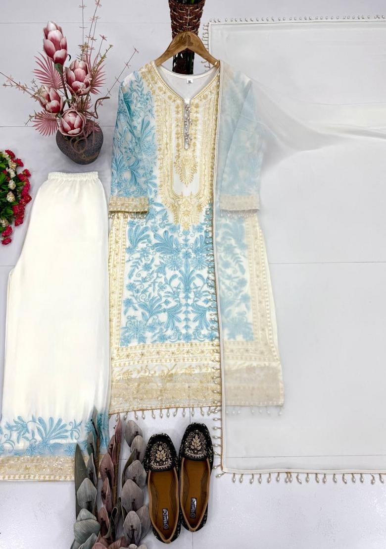 Sky Blue Embroidery Georgette Kurta Set - Indya