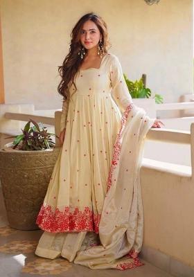 Cream Embroidery Silk Anarkali Set
