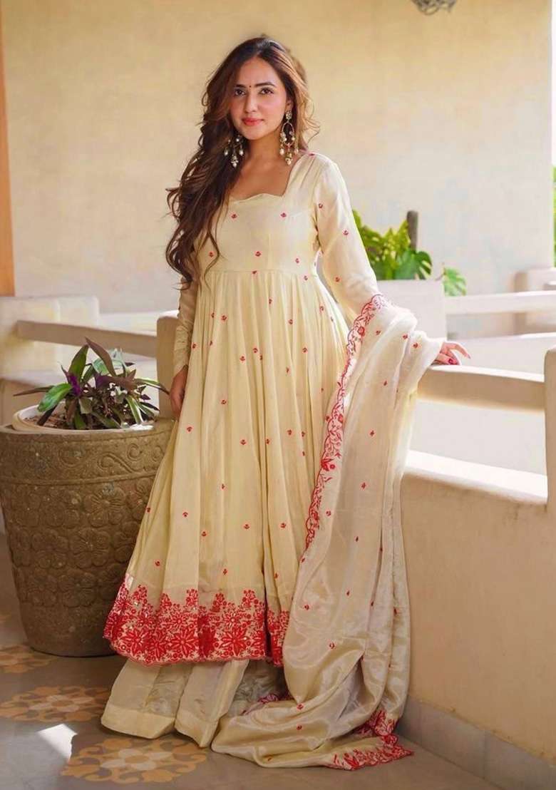 Cream Embroidery Silk Anarkali Set - Indya