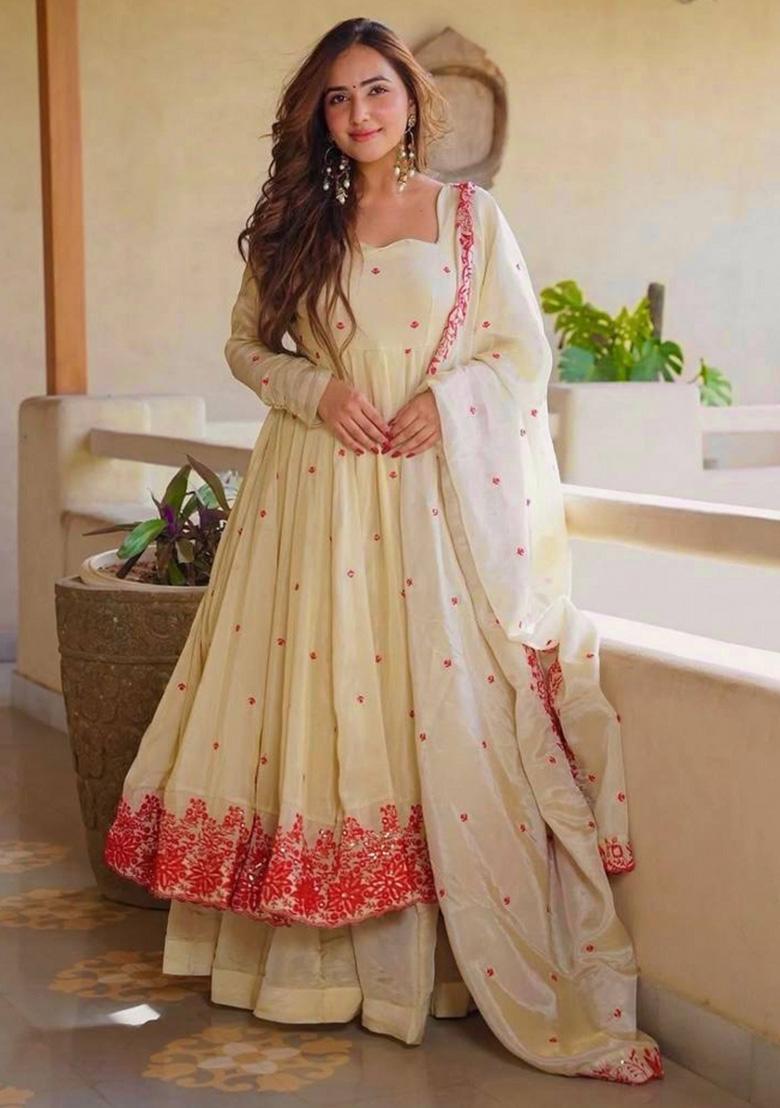 Cream Embroidery Silk Anarkali Set - Indya
