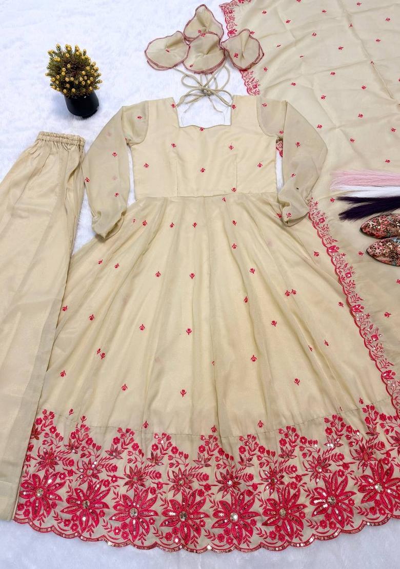 Cream Embroidery Silk Anarkali Set - Indya
