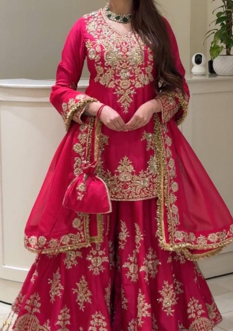 Pink Embroidery Silk Kurta Set - Indya