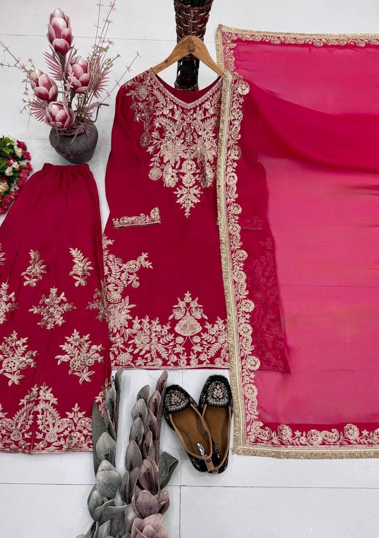 Pink Embroidery Silk Kurta Set - Indya