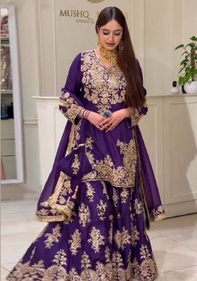 Purple Embroidery Silk Kurta Set