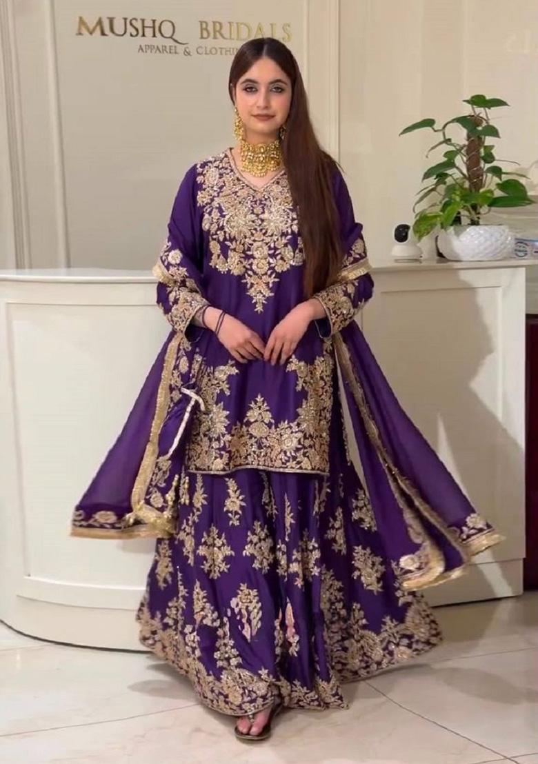 Purple Embroidery Silk Kurta Set - Indya