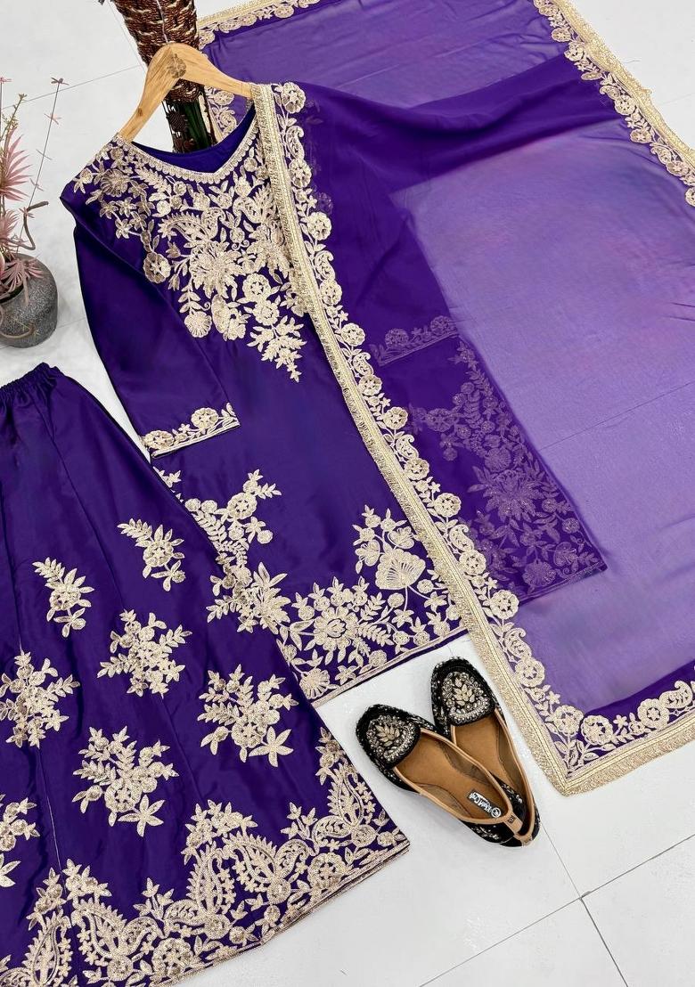 Purple Embroidery Silk Kurta Set - Indya
