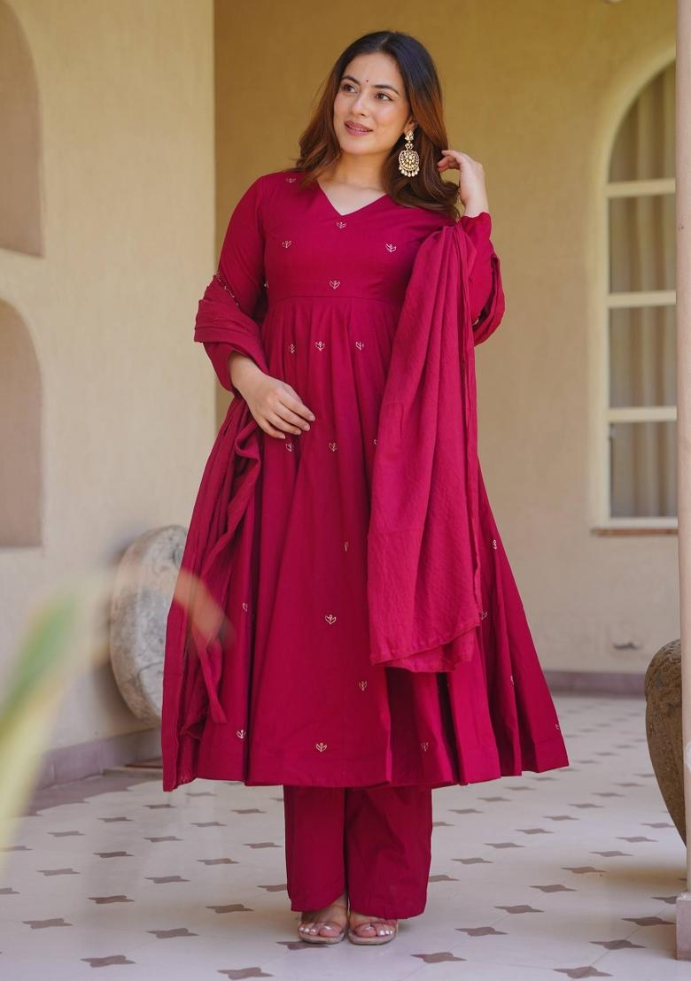 Pink Embroidery Silk Anarkali Set - Indya