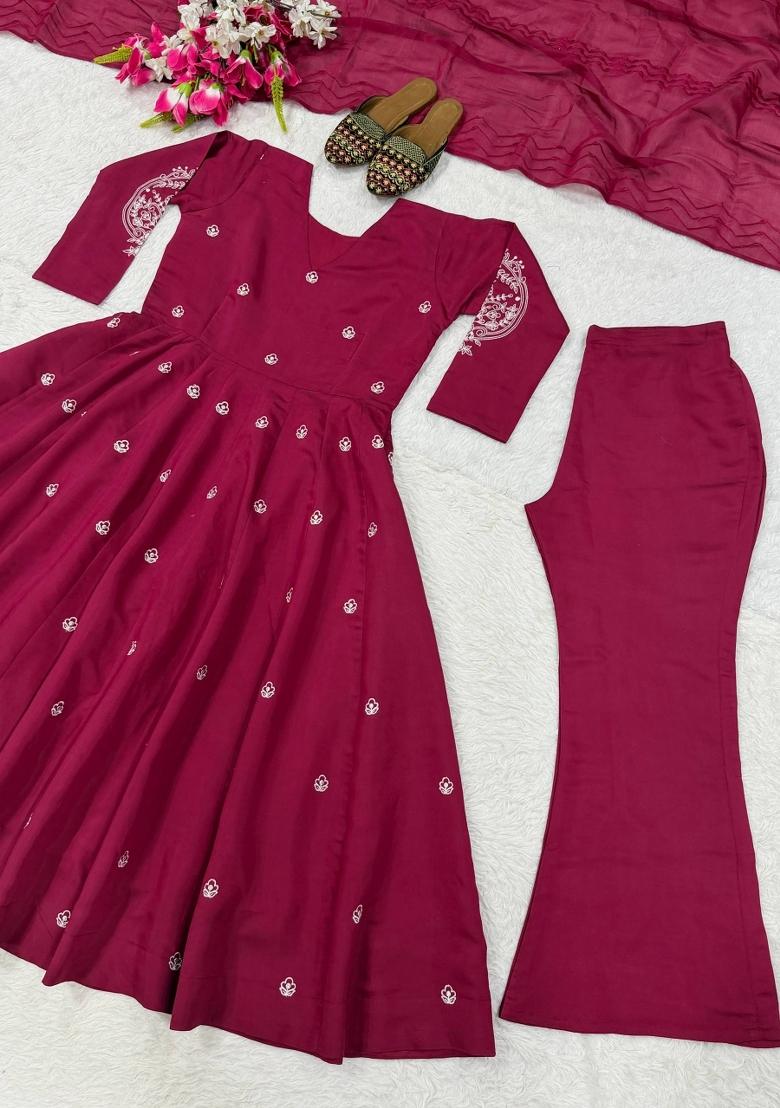 Pink Embroidery Silk Anarkali Set - Indya