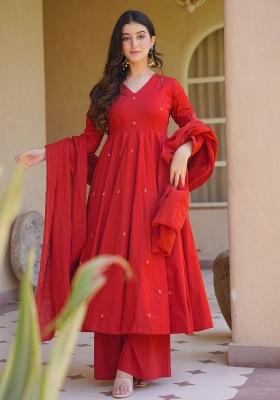 Red Embroidery Silk Anarkali Set