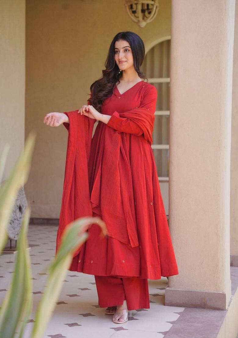 Red Embroidery Silk Anarkali Set - Indya