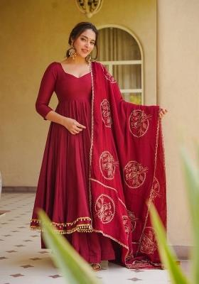 Red Embroidery Silk Anarkali Set