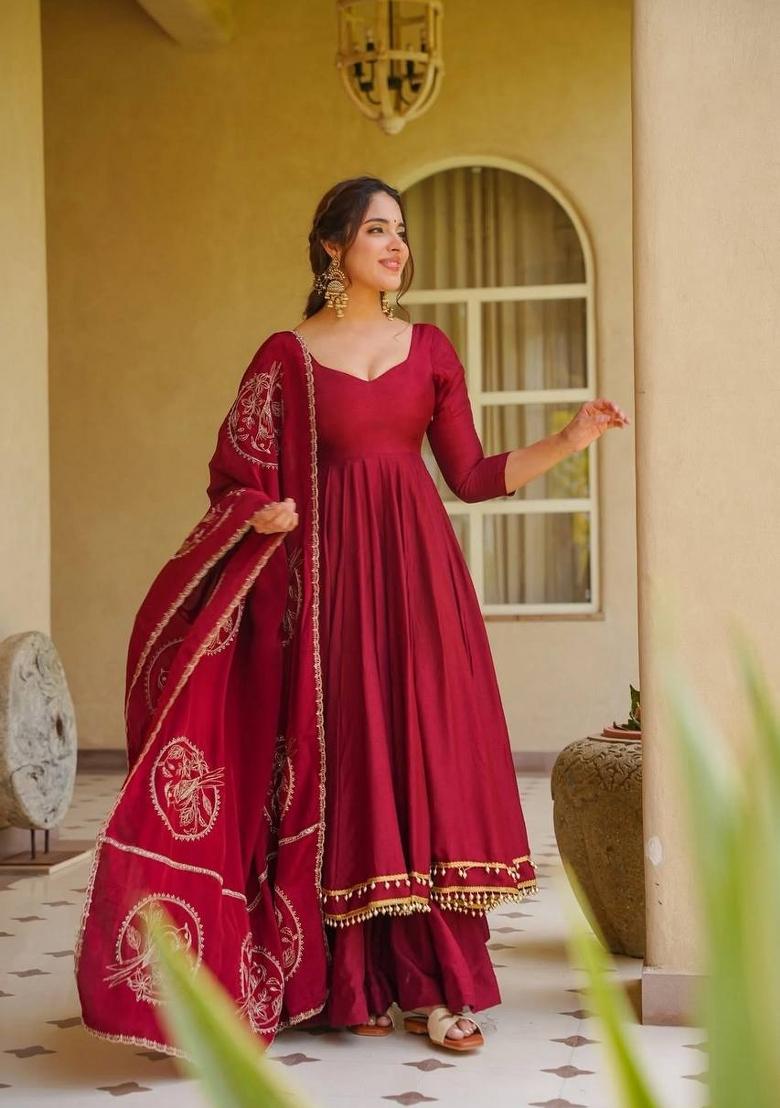 Red Embroidery Silk Anarkali Set - Indya