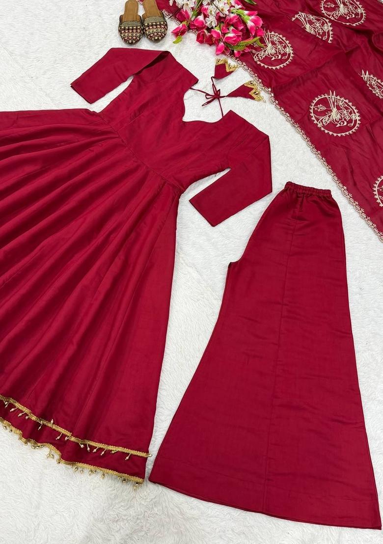 Red Embroidery Silk Anarkali Set - Indya