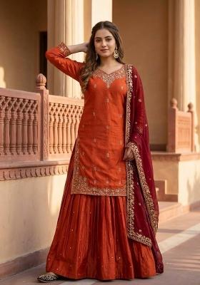Orange Embroidery Silk Kurta Set