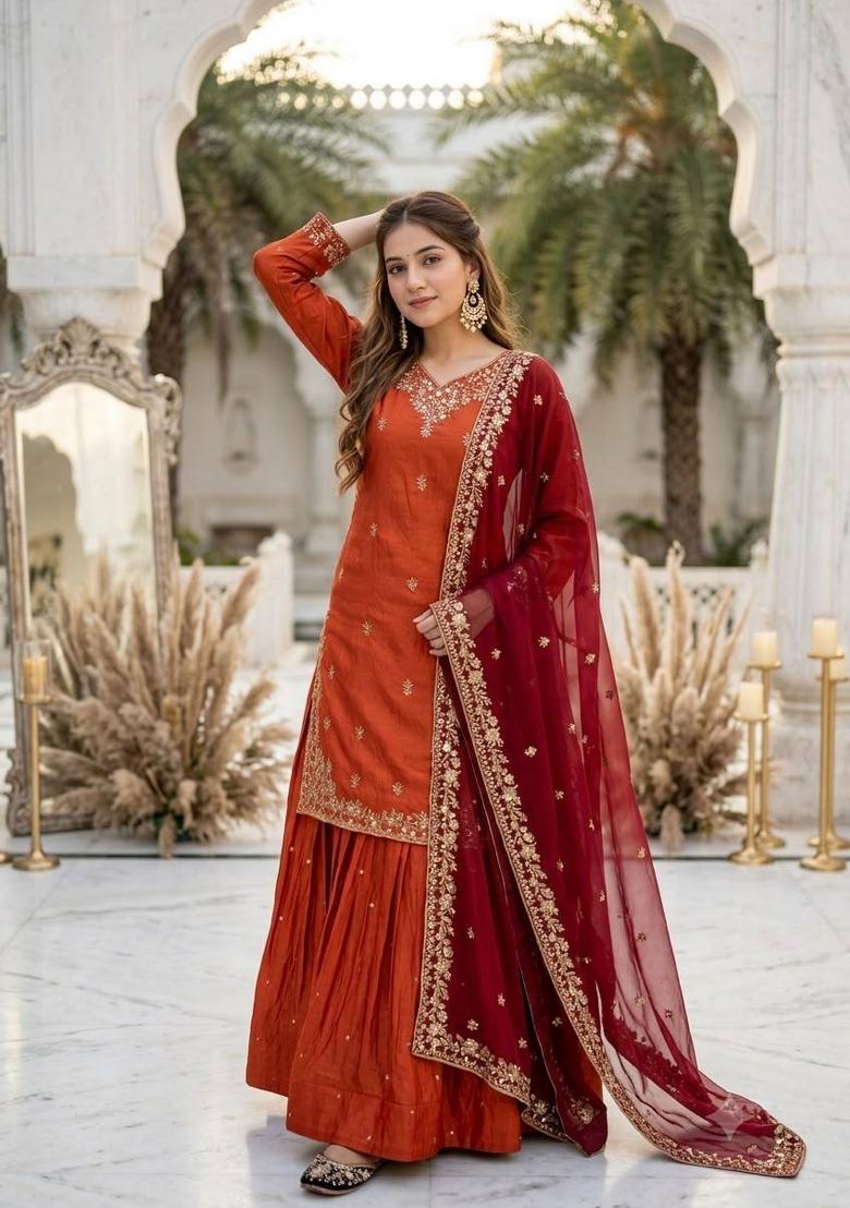Orange Embroidery Silk Kurta Set - Indya