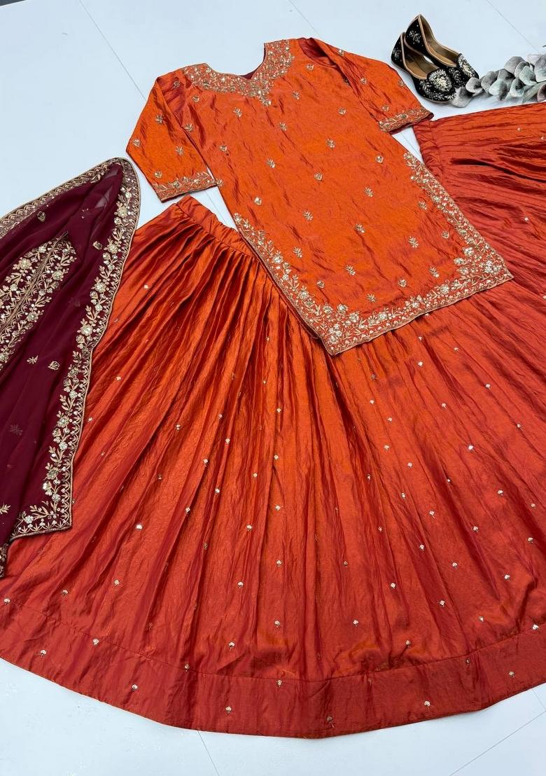 Orange Embroidery Silk Kurta Set - Indya