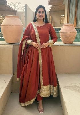 Brown Embroidery Vichitra Anarkali Set