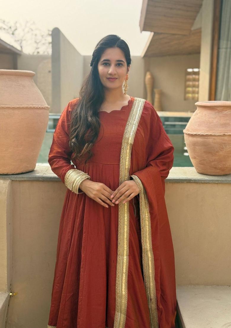 Brown Embroidery Vichitra Anarkali Set - Indya