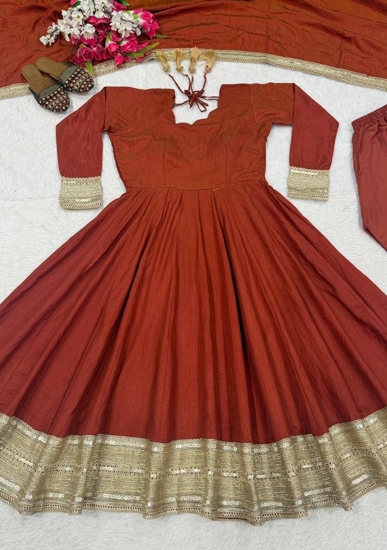 Brown Embroidery Vichitra Anarkali Set - Indya