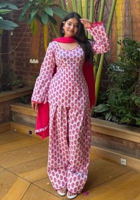 Pink Embroidery Cotton Kurta Set