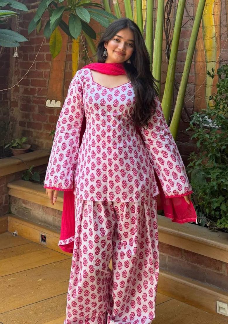 Pink Embroidery Cotton Kurta Set - Indya