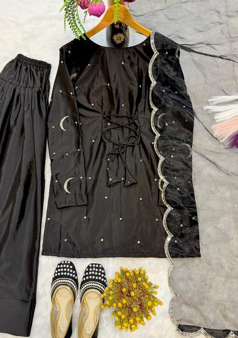 Black Embroidery Silk Kurta Set - Indya