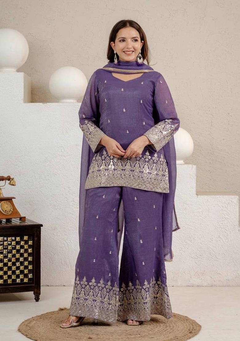 Lavender Embroidery Silk Kurta Set - Indya