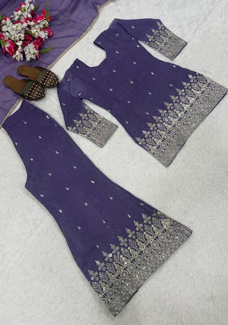 Lavender Embroidery Silk Kurta Set - Indya