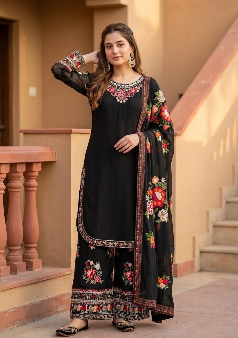 Black Embroidery Georgette Kurta Set - Indya