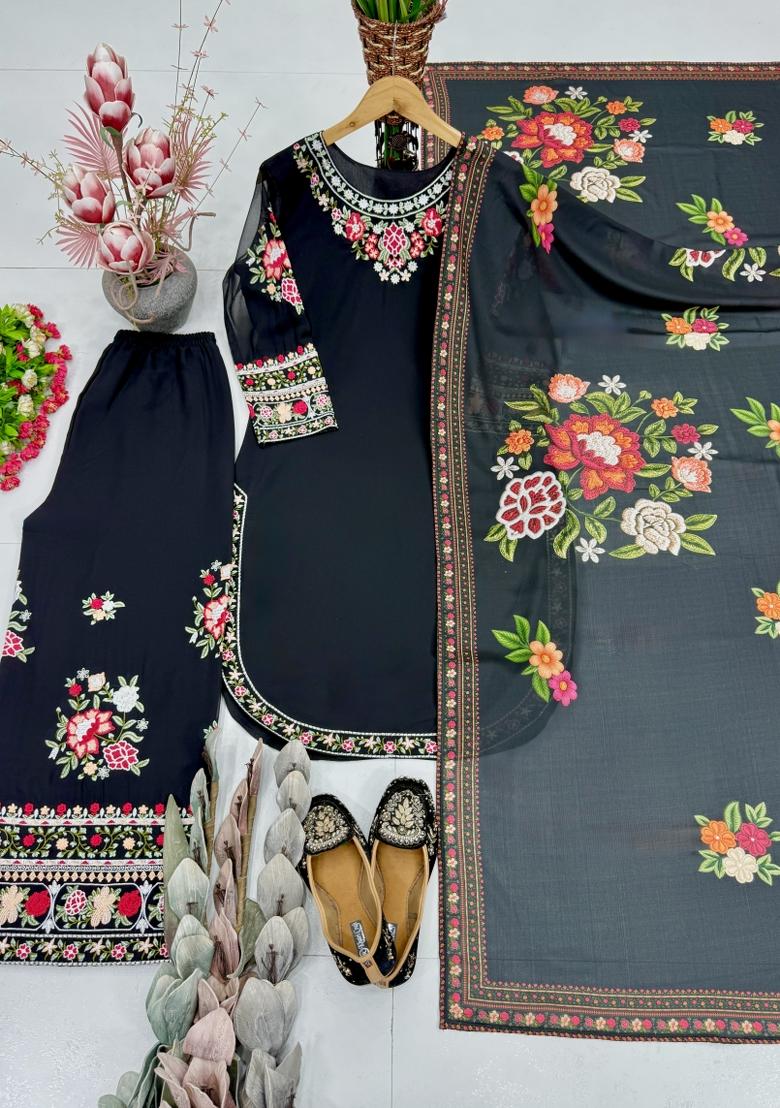 Black Embroidery Georgette Kurta Set - Indya