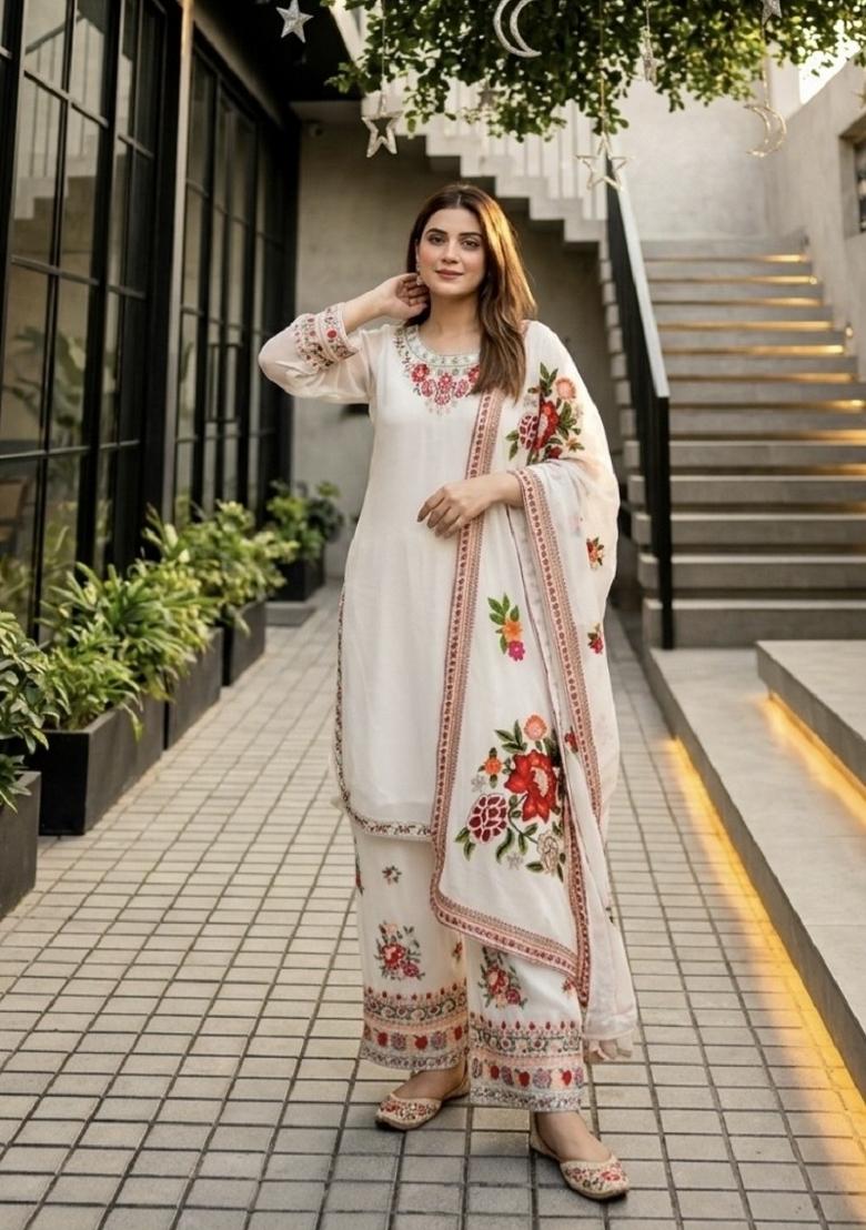White Embroidery Georgette Kurta Set - Indya