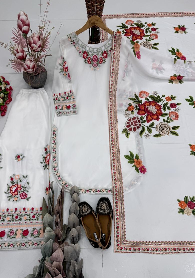 White Embroidery Georgette Kurta Set - Indya