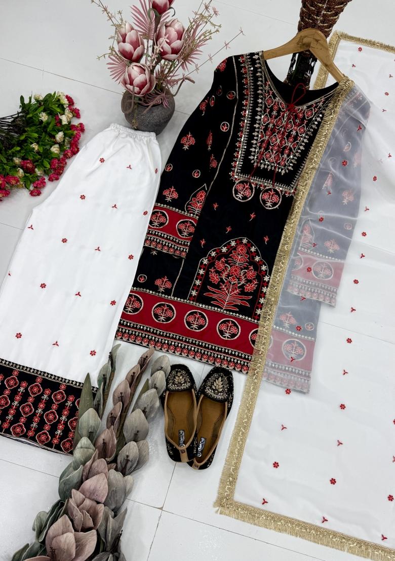 Black Embroidery Silk Kurta Set - Indya