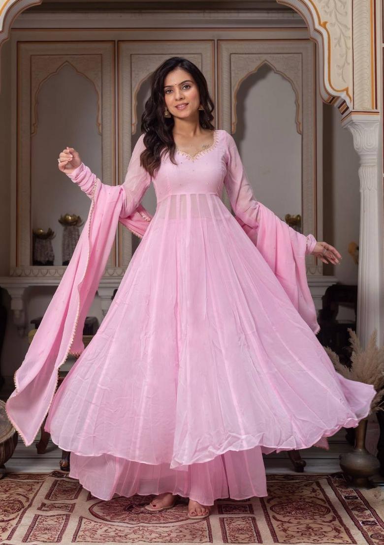 Pink Embroidery Georgette Anarkali Set - Indya