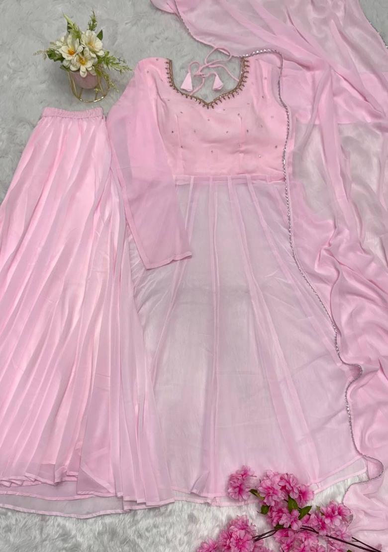 Pink Embroidery Georgette Anarkali Set - Indya