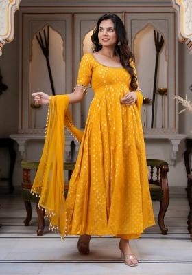 Yellow Embroidery Chanderi Anarkali Set