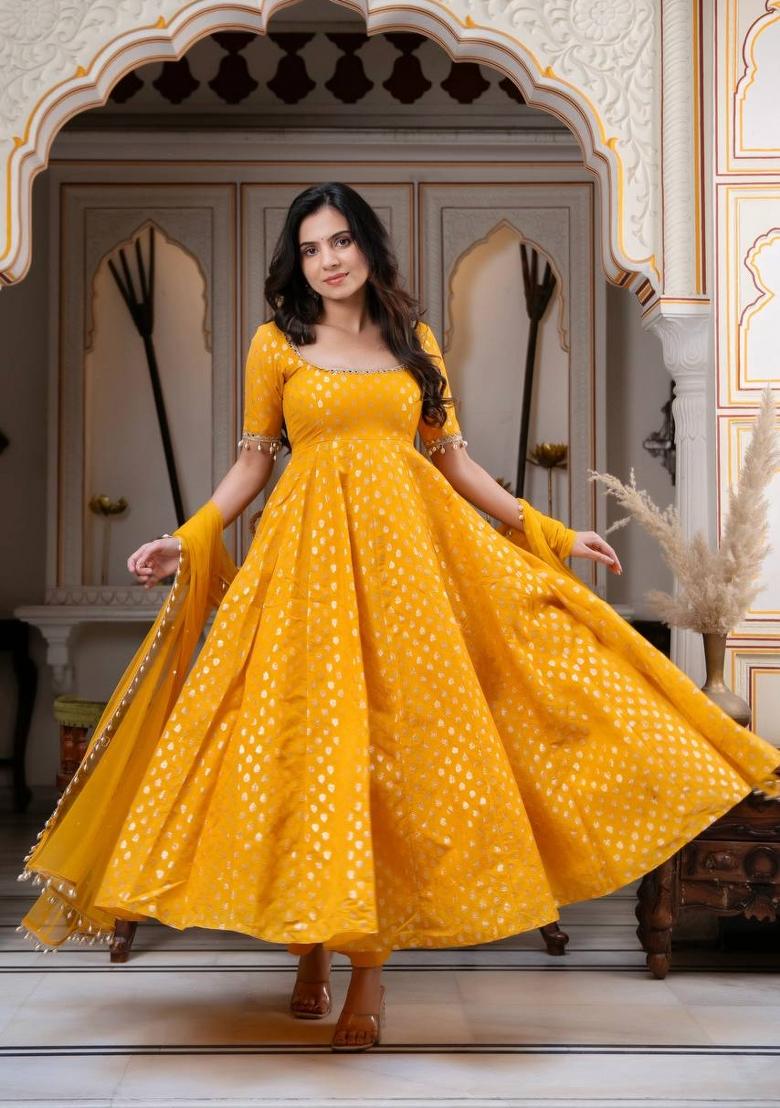 Yellow Embroidery Chanderi Anarkali Set - Indya