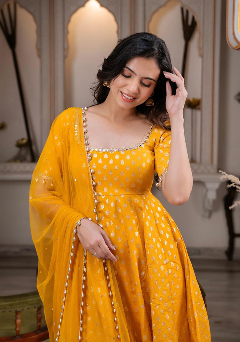 Yellow Embroidery Chanderi Anarkali Set - Indya