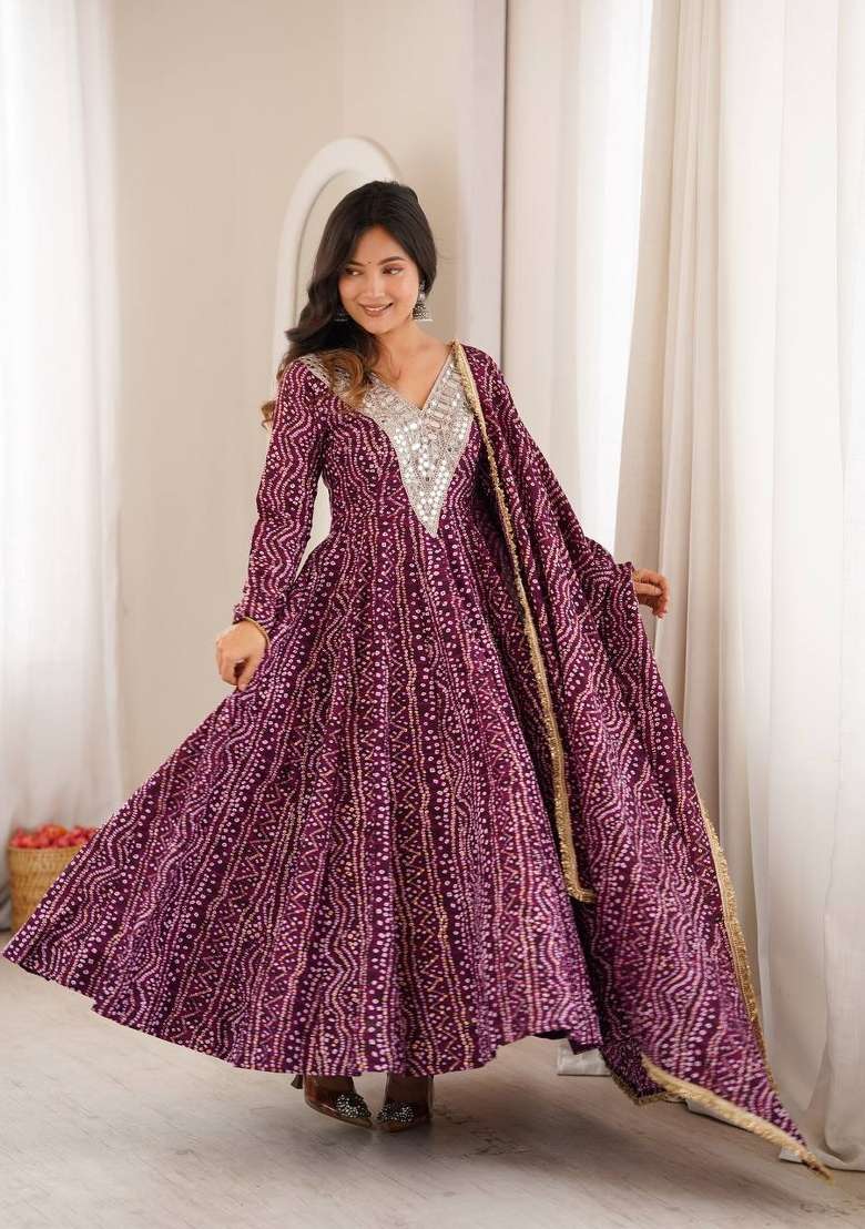 Wine Embroidery Rayon Kurta Set - Indya