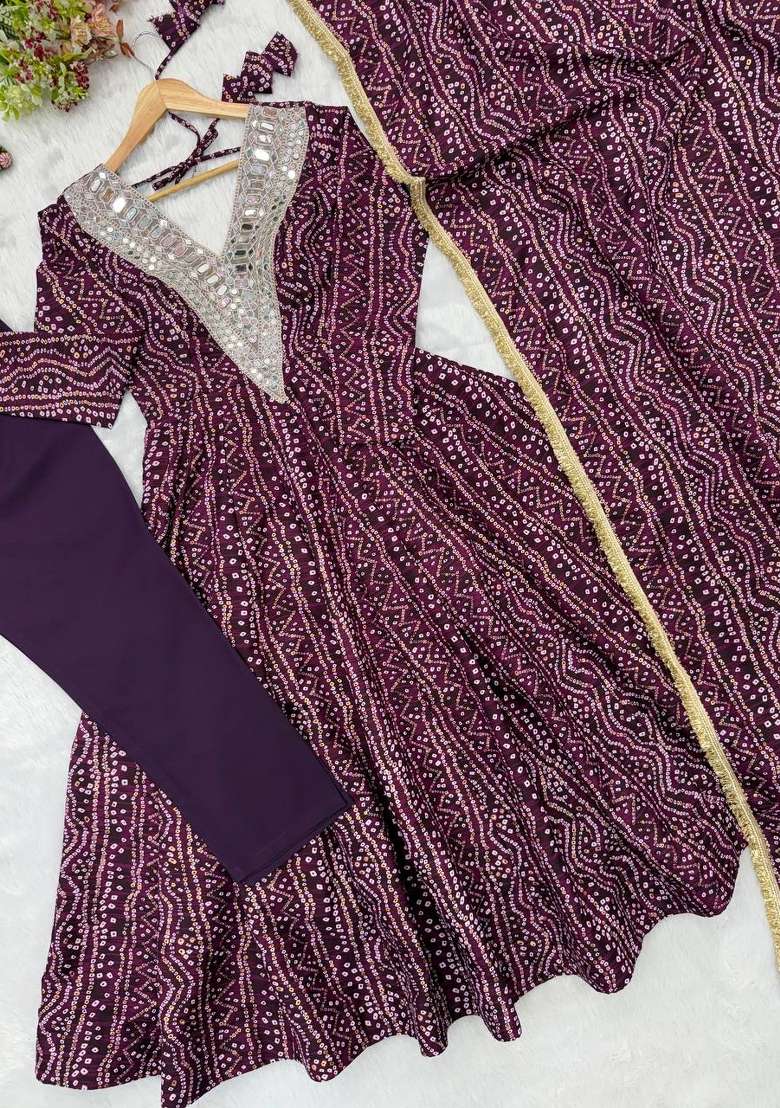 Wine Embroidery Rayon Kurta Set - Indya