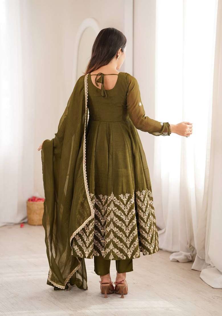 Mehendi Embroidery Silk Kurta Set - Indya